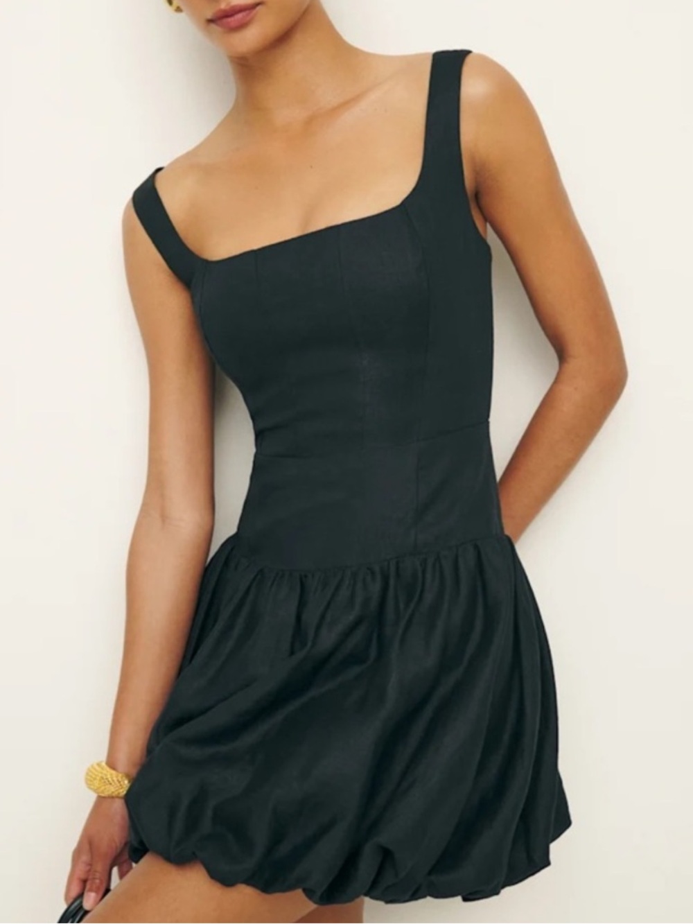 Reformation Delia Linen Square Neck Tank Bubble Skirt Mini Dress Black 2